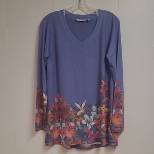 Soft Surroundings Pale Blue Floral Tunic Long Sleeve V Neck Size M